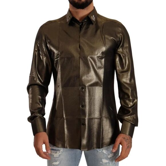 Dolce & Gabbana Metallic Gold DG Embroidered Crown Silk Top Men's Shirt